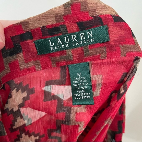Lauren Ralph Lauren Red Aztec Southwestern Ruffle Button Up Sheer Blouse Size M - Picture 7 of 9